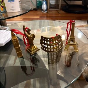 Elegant Gold Landmark Ornament Set with Red Ribbons